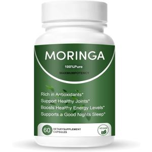 Moringa Capsules,1200mg Pure Moringa Powder Organic Capsules,Green Superfood SupplementEnergy, Skin, Immune Support,60count (EXP 07/01/28)