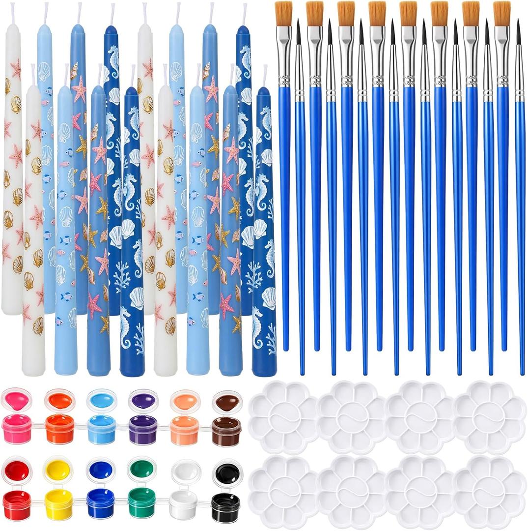 Treela 48 Pcs DIY Candle Painting Kit, 10 Inch Candlesticks, Acrylic Paint Strips, Palettes, Painting Brushes for Summer Pool Beach Party Adult Crafts, Blue Birthday Wedding Home Decor(Blue,White)