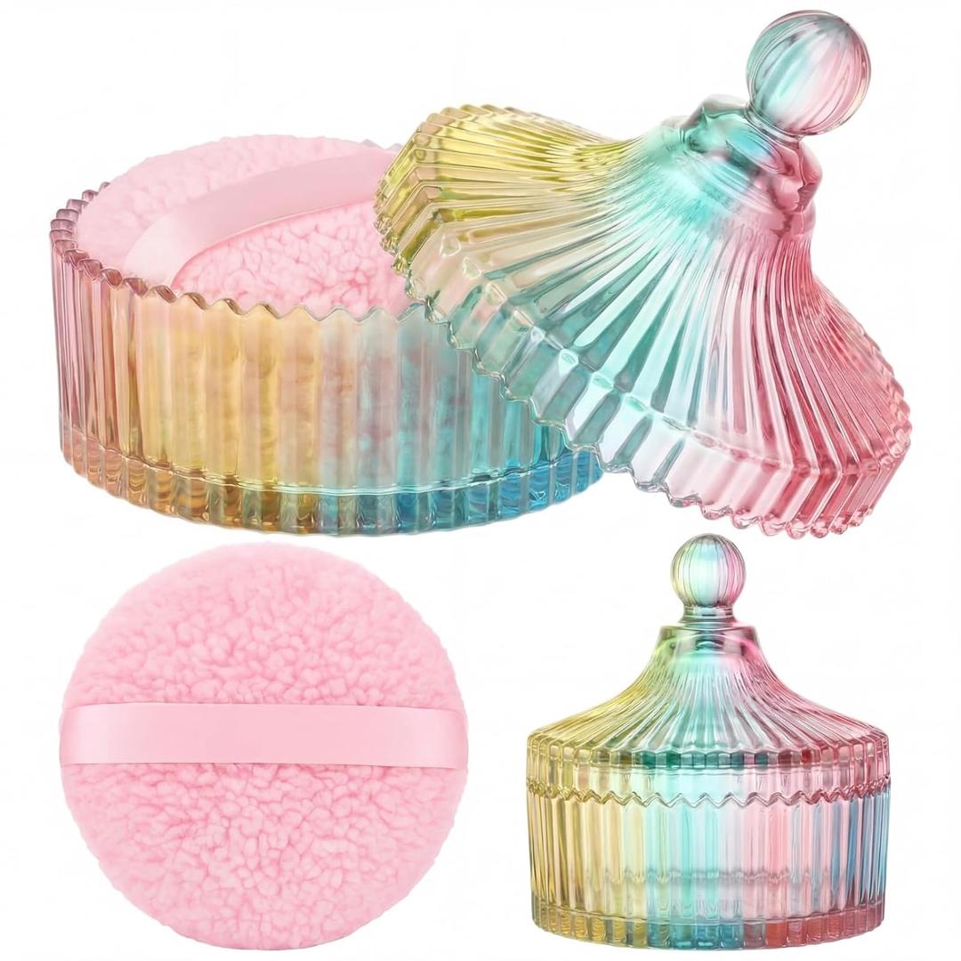Extra Large Body Powder Puff and Container, 5.5'' Crystal Container with 5.3'' Oversize Dust Powder Puff Washable Reusable Face Body Glitter Wet Dry Makeup Gift(Colorful)