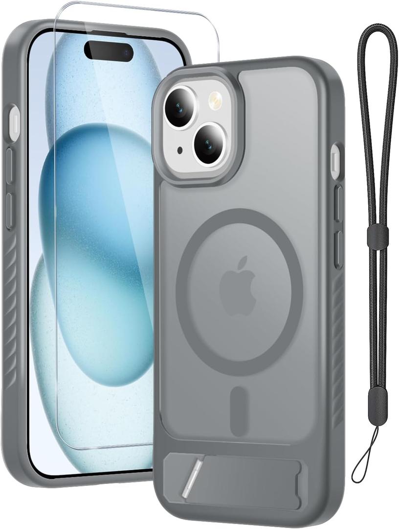 RMOCR for iPhone 15 Case & iPhone 14 Case with Screen Protector+Lanyard Wrist Strap,Magnetic Translucent Matte Rugged Slim Phone Cover Built in Invisible Kickstand [Fit for MagSafe],Grey