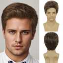 Swiking Mens Short Brown Wig Layered Synthetic Reality Hair 80s Costume Wigs Daily Replacement Wig for Male Guy (Brown)