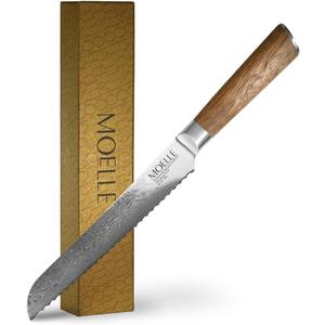  MOELLE Professional 9 Inch Serrated Knife Kitchen Knife for Chefs/Cooks - Crafted with Damascus Steel Danish Design Ergonomic Teak Wood Handle  Bread Knife 8 Inch