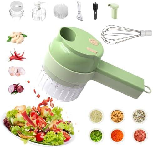 AXEDAES 4 in 1 Multi-Functional Portable Electric Vegetable Cutter Set, Wireless Vegetable Processor for Garlic, Peppers, Onions, Celery, Ginger, Meat, With Brush, Comes with Egg & Cream Beater.