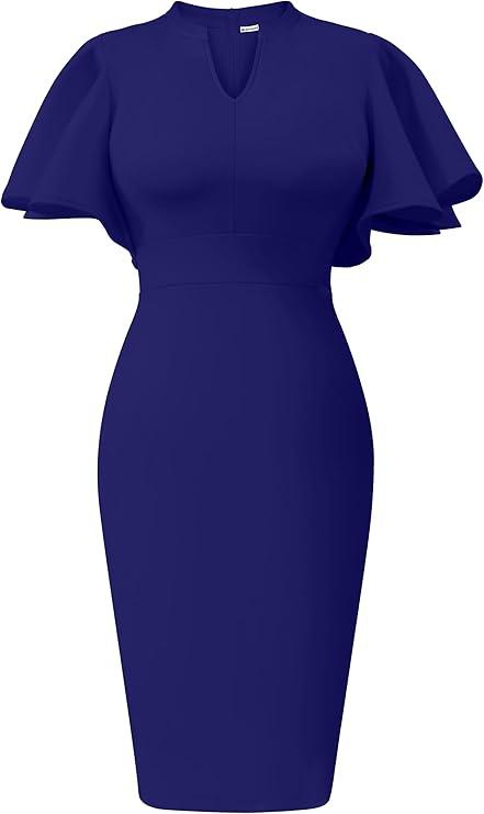 Memoriesea Women's Elegant Ruffle Sleeve Formal Party Cocktail Pencil Midi Dress M