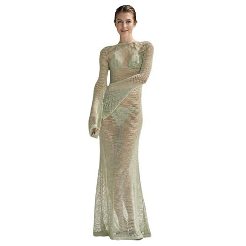 ZGMYC Women's Crochet Knit Maxi Dress Sexy Backless See Through Bathing Suit Cover Up Flared Long Sleeve Beach Dress Large