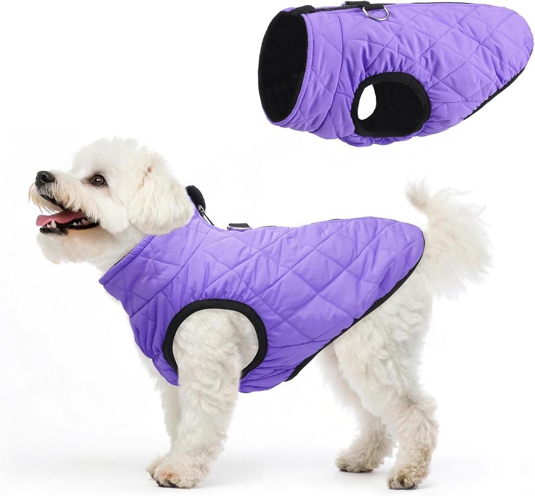 SCENEREAL Dog Winter Coat - Warm Dog Jacket with Built-in Harness for Small & Medium Dogs, Waterproof Cold Weather Coat with Zipper, Fleece Puffer Vest Windproof Snow Clothes for Puppy & Pet (M(Chest 16.5"), #2 Purple-Gloss)