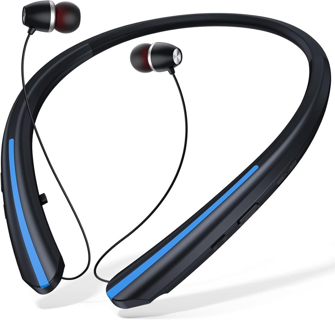 Retractable Neckband Bluetooth Headphones, 20H Playtime Comfort-Fit Wireless Earbuds with Auto-Reel, CVC 8.0 Noise Cancellation for Hands-Free Calls, Blue & Black