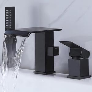 NIITAWH Waterfall Roman Tub Faucet with Hand Shower Matte Black Bathtub Faucet 3 Hole Widespread Tub Filler Deck Mount Solid Brass