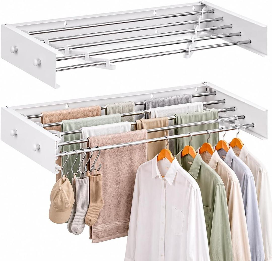 Wall Mounted Drying Rack Stainless Steel 31.5", Foldable Clothes Drying Rack with 4 Hooks & 5 Rods, Heavy Duty Outdoor Indoor Clothes Drying Rack for Apartment Bathroom Balcony Laundry Room