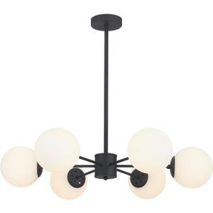 KCO Lighting Matte Black Sputnik Chandelier Light Fixture Mid Century 6-Light Milk Glass Ball Chandelier Modern Globe Flush Mount Ceiling Light Kitchen Island Dining Lighting Fixture (Black+White)