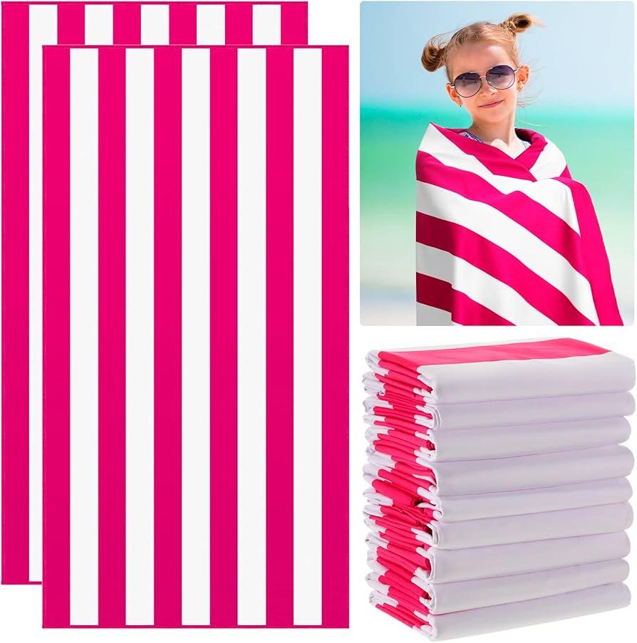 12 Pcs Oversized Microfiber Beach Towel Set 63''x32'' Extra Large Quick Dry Lightweight Thin Sand Free Cabana Pool Towels Bulk for Adults Travel Swim Camping Yoga Gym Sports Gift(Rose Red Striped)