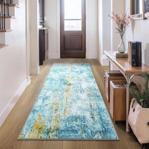 2x6 Teal Blue Rug Runners for Hallways Kitchen Runner Rug Non Slip Washable Long Runner Rugs with Rubber Backing Soft Abstract Carpet Runner for Bedroom, Kitchen, Bathroom, Entryway