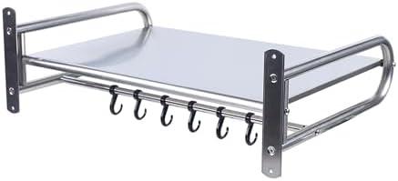 lkoewqzamx Microwave Wall Mount, Microwave Oven Rack, Wall-Mounted Kitchen Shelf, Stainless Microwave Oven Shelf, With 6 Hooks, 66lbs Load, For Microwaves, Toasters, Utensils, Bottles, Spices