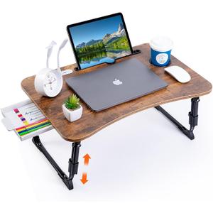 Laptop Desk for Bed, Height Adjustable Laptop Bed Table, Foldable Portable Lap Desk Stand with USB/Storage Drawer/Cup Holder/Slot, Breakfast Tray for Working Reading Writing Eating (Curved Desktop, Retro Brown)