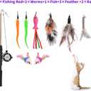 Retractable Cat Teaser Wand Toy, Cat Toys for Indoor Outdoor Cats Interactive Fishing Rod with 8 Pcs Refills Feather Toy, Plush Mouse Caterpillar & Fish