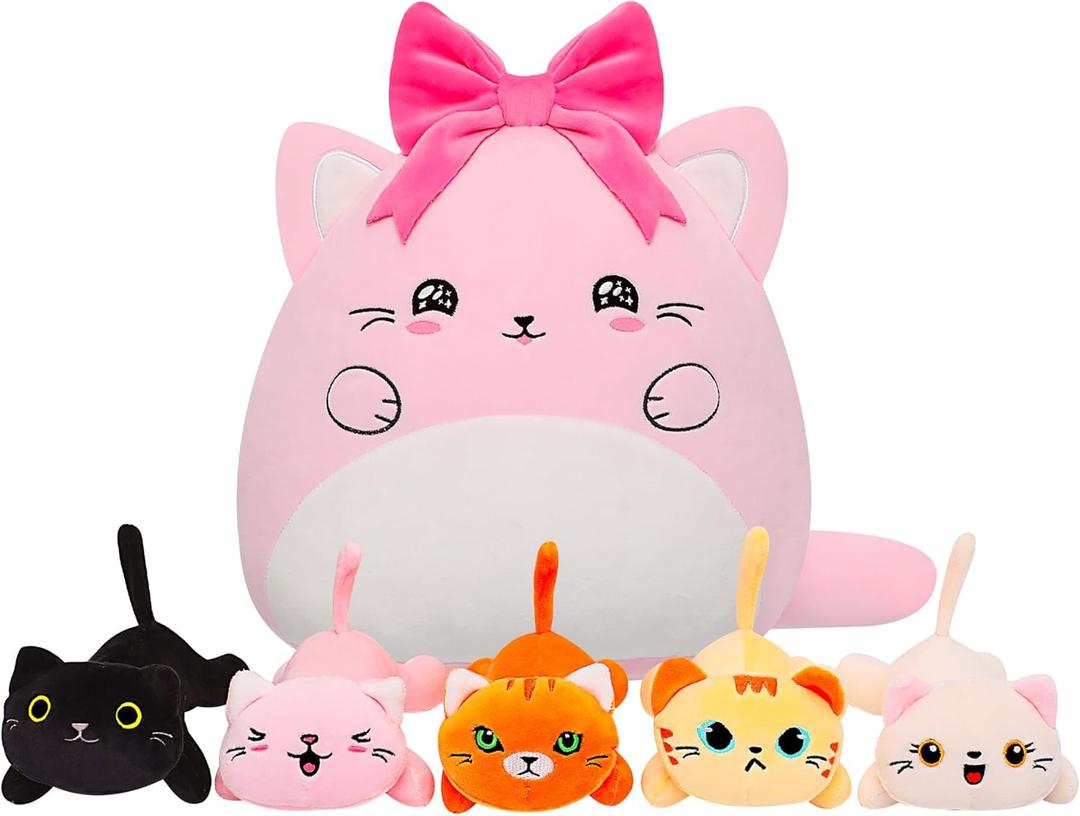 Cat with 5 babies Stuffed Animals - 15 Inch Cats Mommy with Small Babies Plush Inside 6-Piece Cute Realistic Cat Plushies Machine Wash Interactive Adopt Toy Toddler Girls Boys 0-8 Kids Birthdays Gift
