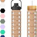 MUKOKO 24oz Glass Water Bottle with 2 Lids-Handle Flip Lid&Bamboo Straw Lid,Motivational Water Tumbler with Time Marker Reminder and Silicone Sleeve, Leakproof-Amber