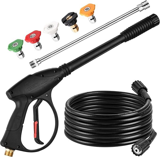 FENG PAI Pressure Washer Gun with 15in Extension Wand & 25FT Hose, 5 Nozzle Tips Quick Connect, Power Washer Hose and Wand Replacement, M22 14mm Fitting for Home Car Clean Washing, 4000 PSI