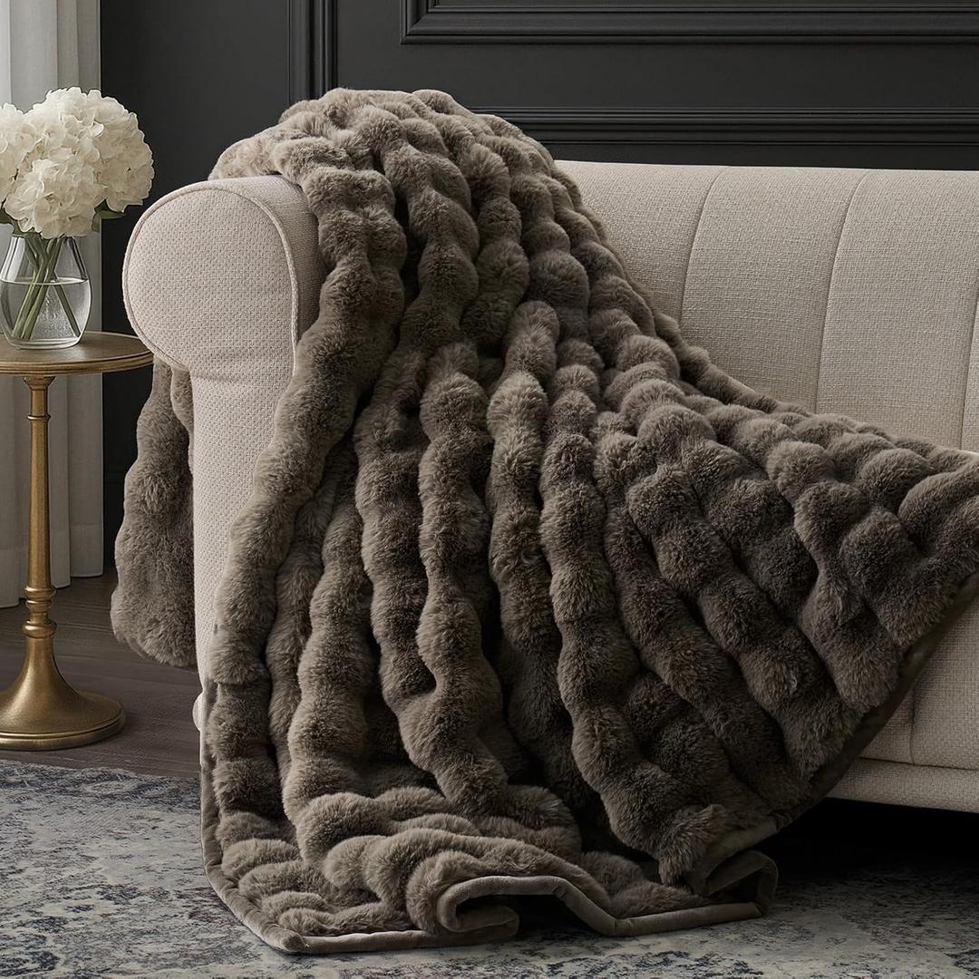 EverGrace Ultra Soft Luxury Fluffy Faux Rabbit Fur Throw Blanket, Thick Warm Bubble Throw for Bed, Cozy Plush Reversible Blankets for Couch, Chair, Sofa, Dark Taupe, 60x80 Inches