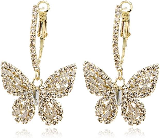 Butterfly Dangling Earrings Crystal Rhinestone CZ Drop Earrings For Women, 14K Gold/White Gold Plated Earrings Hypoallergenic Nickel Free Cute Charms Dangling Earring Dainty Birthday Jewelry Gift