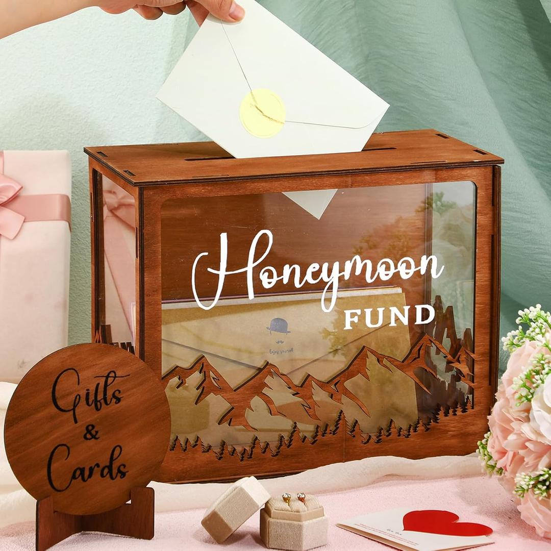 Honeymoon Fund Box Wooden Wedding Card Box with Slot Mountain Shape Wedding Money Case with Gifts and Cards Sign Rustic Money and Card Fund Decor for Reception Party Bridal Shower Supplies