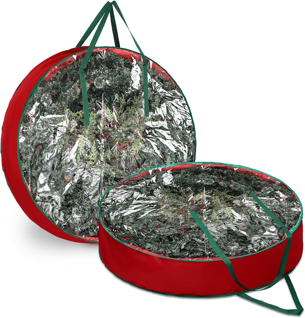 Abbylike 2 Pcs 48'' Christmas Wreath Storage Bag Clear Extra Large Wreath Storage Container Xmas Zippered Decorative Garland Box with Handles Jumbo Box Bag Holiday 600d Oxford(Red)