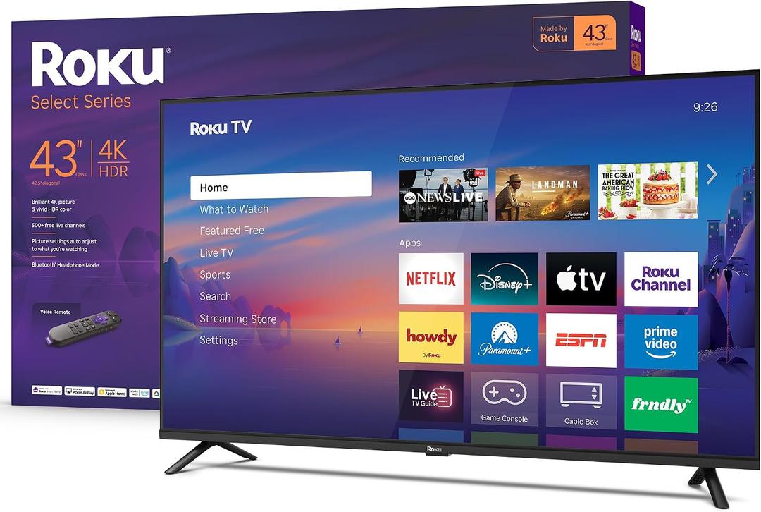 Roku Smart TV 2026 43-Inch Select Series, 4K HDR TV Roku TV with Voice Remote Flat Screen LED Television with Wi-Fi for Streaming Live Local News, Sports, & Movies Bluetooth Headphone Mode
