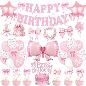 Pink Bow Birthday Party Decorations Girl Bow Themed Party Decorations Include Happy Birthday Banner Hanging Swirls Balloons Cake Toppers for Girls Baby Shower Bridal Shower Bachelorette Party Decor