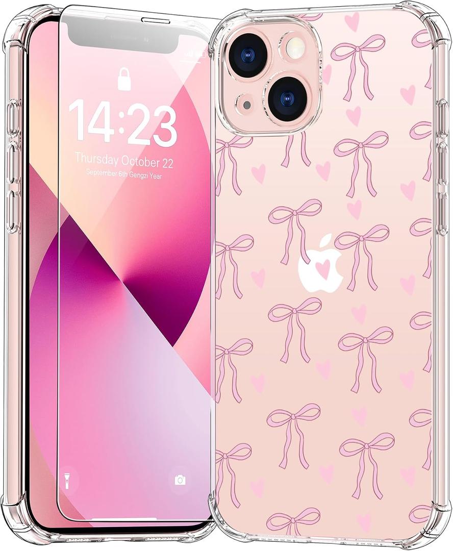 bicol for iPhone 14 Case with Screen Protector,Enhanced Camera Protection,Clear TPU Cover with Trendy Designs for Girls Women,Slim Fit Protective Phone Case,Pink Heart Ribbon Bow