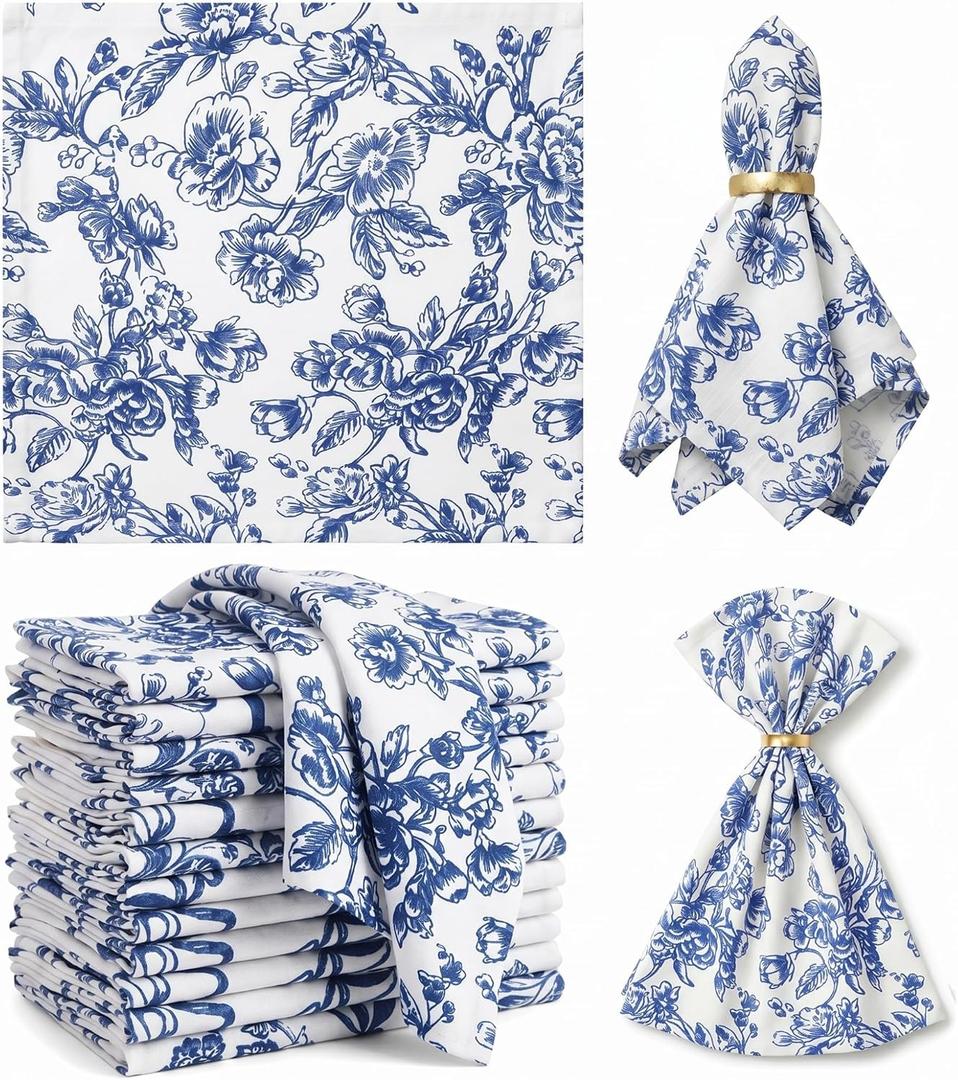 Mindsoft 12 Pack Blue Floral Cloth Napkins 18x18 Inch Reusable Linen Cotton Dinner Napkins Vintage Blue and White Table Napkin Cloth for Wedding Banquet Bridal Party Supplies