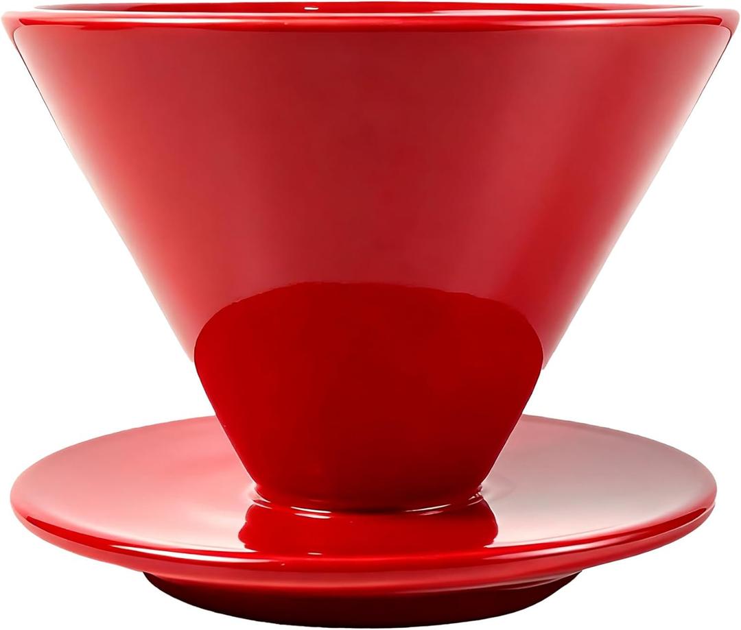 Pour Over Coffee Dripper, Single Cup Porcelain Pour Over Coffee Maker with One Hole V60 Dishwasher Safe Ceramic Filter Cone for Home, Office, Travel, Camping, with Flat Bottom (Red)