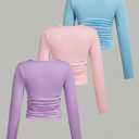 SOLY HUX Girl's 3 Piece T Shirt Crew Neck Long Sleeve Ruched Crop Tops Slim Fit Solid Basic Tee