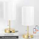 Lakumu 2 Sets Table Lamps with 2 USB, Minimalist Beside Lamps for Bedroom, Nightstand Lamp with Pull Chain, Desk Lamps with White Pleated Shade and Gold Metal Base for Living Room Dorm Reading Hotel (Whie)