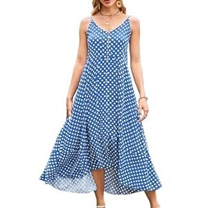BROVAVE Women's 2026 Summer Casual Boho Sundress Polka Dot Spaghetti Strap V Neck Flowy Midi Dresses (Medium, Blue)