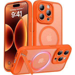 Magnetic Compatible with iPhone 15 Pro Case, [Built-in Kickstand][Full Camera Protection][Compatible with MagSafe][Anti-Fingerprint] Shockproof Phone Case for iPhone 15 Pro 6.1",Orange
