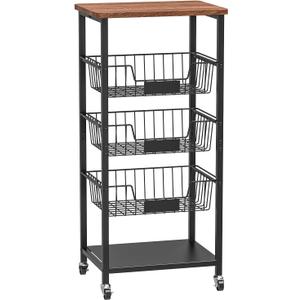 Kitchen Storage Cart, Kitchen Basket, 5-Tier Utility Organizer with Baskets and Wood Top, Rolling Snack Cart with Wheels, Metal Black