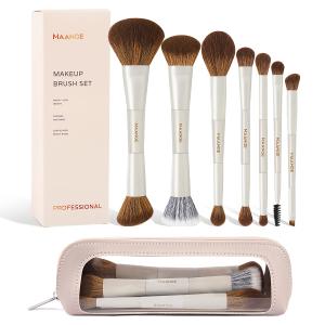 MAANGE Makeup Brush Set 14-In-7 Double Ended Essential Foundation Makeup Brushes for Powder Concealers Eye Shadows Blush Make Up Brushes with Travel Makeup Case (White)