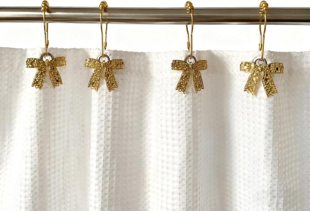 Gold Bow Knot Shower Curtain Hooks, 12PCS Rust Proof Shower Curtain Rings for Bathroom, Metal Decorative Shower Curtain Hangers Bathroom Accessories