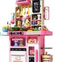 33.8IN 70PCS Kids Kitchen Playset with Sound & Light Cooking Stove with Steam, Play Sink and Toy Kitchen Accessories Pretend Kitchen Play Food Toys for Kids Boys Girls Toddler Play Kitchen Set, Pink