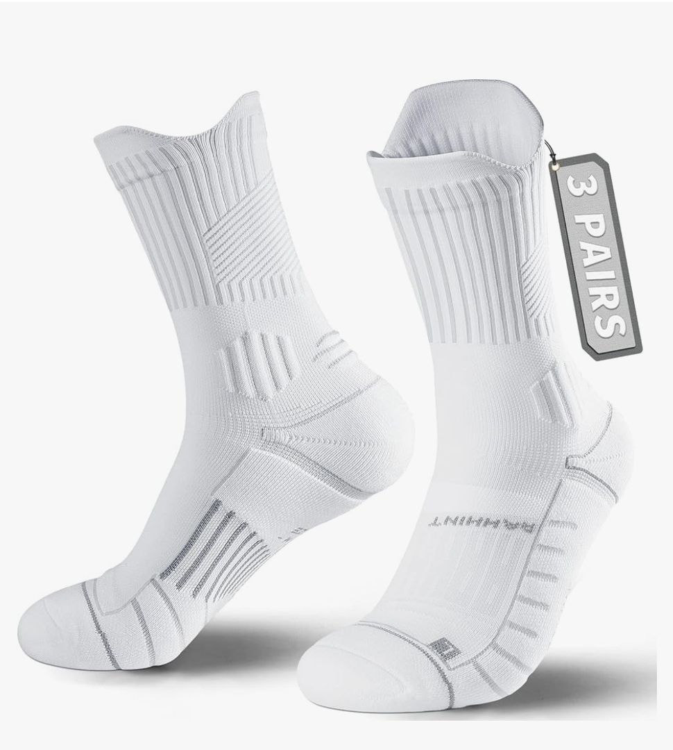 Compression Running Socks 3 Pairs, Cushion Crew Socks, Anti-Blister Moisture Wicking Athletic Hiking Basketball Socks