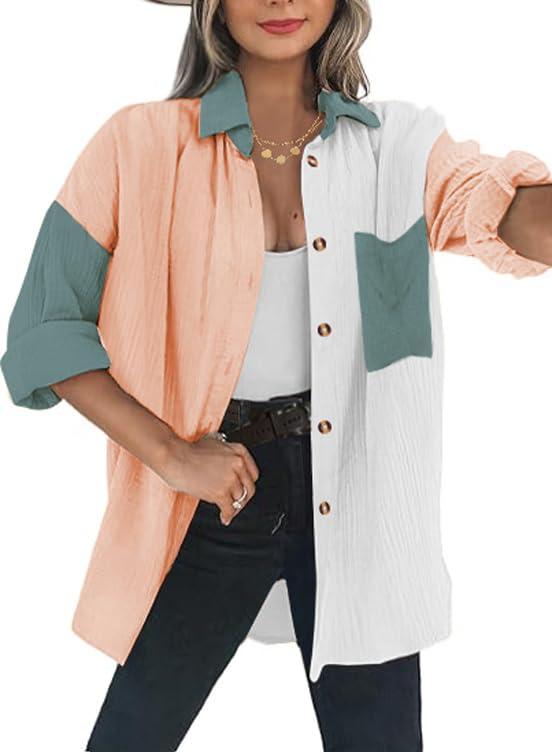 Dookttker Womens Color Block Button Down Shirts Long Sleeve Cotton Gauze Tops Casual Collared Blouses Loose Fit with Pocket (Pink)