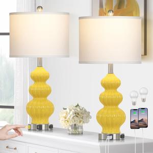 Rinweey Triple Gourd Ceramic Table Lamps Set of 2, Modern Yellow Bedside Lamps with USB A+C Ports & AC Outlet, 3 Way Touch Control Contemporary Nightstand Lamps for Bedroom Living Room