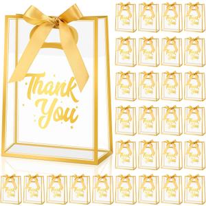 Marspark 30 Pcs Clear Thank You Gift Bags with Handle, Clear Plastic Gift Bag with Ribbon Transparent Tote Bags for Wedding, Birthday, Party Favors, 10.24 x 7.09 x 3.15 Inch (Gold)