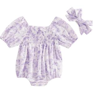 Ursobutegl Infant Baby Girls Romper Floral Ruffle Sleeve Pleated Smocked Bubble One Piece Ruched Jumpsuit Summer Bodysuit (Purple, 9-12 Months)