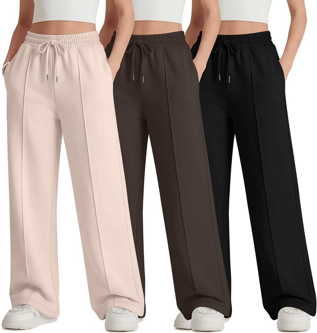 3 Pack Girls Wide Leg Sweatpants Drawstring Baggy Pants Teen Girls Athletic Joggers Pants with Pockets 5-14Y (9-10 Years, Light Apricot, Brown, Black)