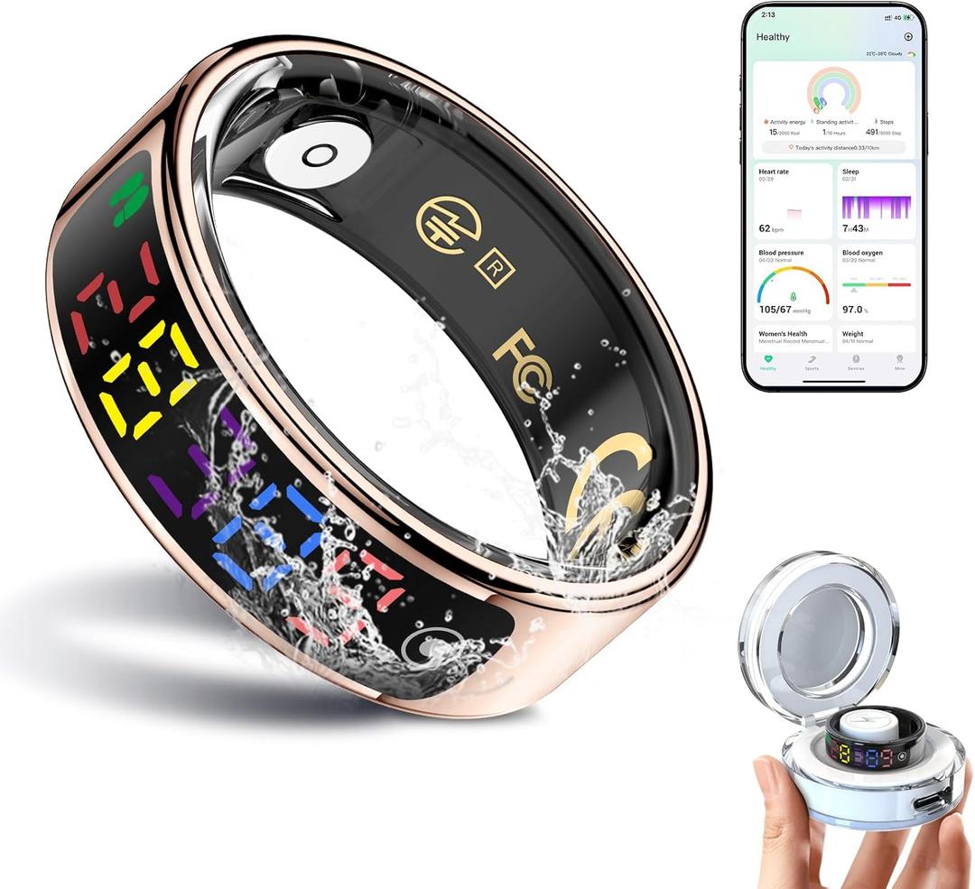 Smart Ring for Women Men, Health Ring with Colorful Display, Fitness Tracker with Heart Rate, Blood Oxygen, Sleep Monitor, No Subscription Fee, 5ATM Waterproof for iPhone & Android (Rose Gold, 9)