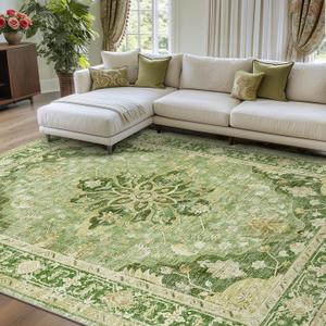 RELEANY Area Rugs 8'x10' Washable Non-Slip, Floral Vintage Distress Print Pattern Medallion Carpet for Living Room Bedroom Dining Room, Sage Green Yellow