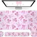 Petmolico Wrist Rest Set with Computer Keyboard Desk Pad, Mouse Wrist Rest, Keyboard Typing Wrist Pad and Cup Coasters, Ergonomic Design for Typing Pain Relief [Pink & Rose, Bowknot]