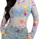 80s 90s Mesh Long Sleeve Shirt Women 90s 80s Themed Party Outfits Retro Sexy Neon Disco See Through Mock Neck Tops, XL