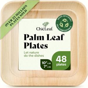 Chic Leaf Compostable & Biodegradable Palm Leaf Disposable Bamboo Plates - Disposable Party Plates for Appetizers - Camping Essentials - Reusable Party Supplies (10 & 7 Inch Square)